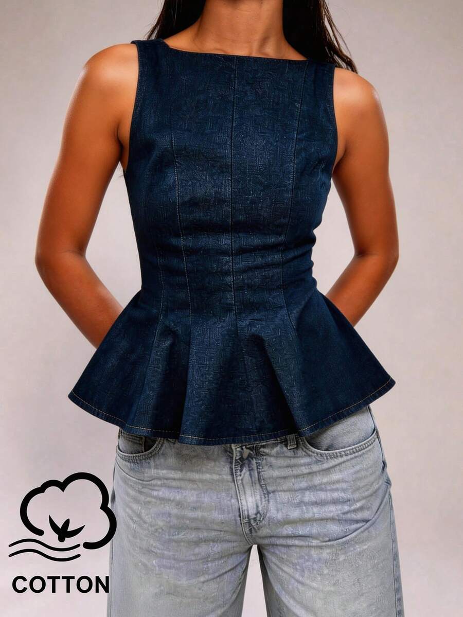 SHEIN BAE 优雅时尚的靛蓝色牛仔V领荷叶边无袖牛仔上衣，适合春夏休闲、日常穿着、通勤、与朋友聚会等多种场合。 - 中等水洗藍 - 查看 1