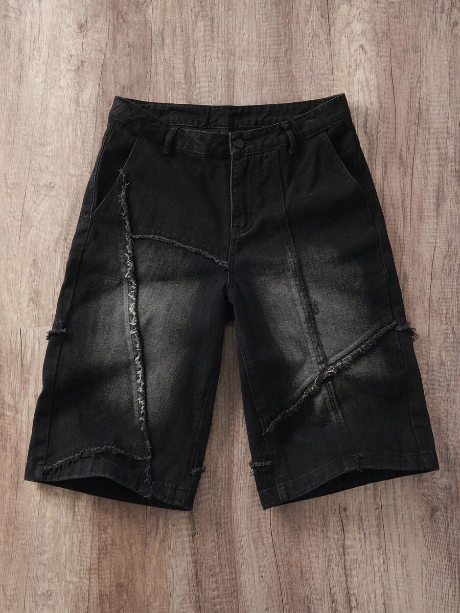 Manfinity Joysei 男士口袋破洞阔腿宽松休闲牛仔短裤男士街头潮流牛仔裤外出都市休闲街头度假 - 黑色 - 查看 1