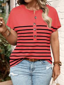 EMERY ROSE Plus Size V-Neck Button Striped Short Sleeve T-Shirt, Loose Fit, 2025 New Arrival, Plus Size - Red - View 4