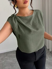 Elenzga 米色亚麻棉混纺无袖衬衫，肩部系带：休闲度假、时尚街头风、办公皆宜 - 春夏大码衬衫 - 軍綠色 - 查看 6