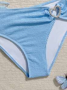 SHEIN 女孩可爱三件套泳衣，带披肩/荷叶边/时尚休闲优雅女士设计，适合游泳、夏季度假、海滩、泳池、节日派对 - 藍色 - 查看 4