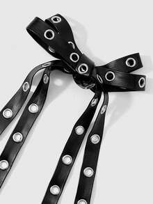 ROMWE Grunge Punk 2 Y2k 暗黑哥特复古朋克宝贝，黑色皮革金属空气眼双层蝴蝶结发夹，鸭嘴夹，侧夹，组合套装，适合姐妹和女朋友日常佩戴，节日礼物。 - 黑色-23 - 查看 8