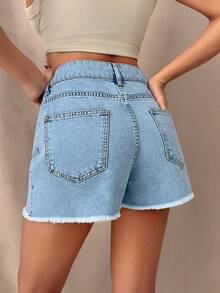 SHEIN Casual Washed Frayed Hem Denim Shorts, Summer Vacation Light Blue - Light Wash - View 2