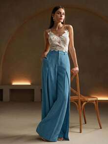 Anewsta Women's Pleated Design Wide Leg Relaxed Fit Elegant Dress Pants - Dusty Blue - View 1