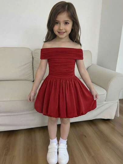 Elegant Casual Off Shoulder Patchwork Lantern Hem Fitted Dress, Suitable For Back To School, Weddings, Parties And Various Occasions Red Dress Little Girls Girls Party Dress Little Girl Dresses Off Shoulder Dress Kids Red Dresses