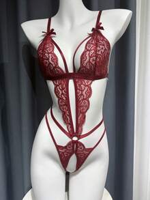 1pc Ladies Sexy Lace Bodysuit Lingerie (Wire-Free) For Going Out - Burgundy - View 5