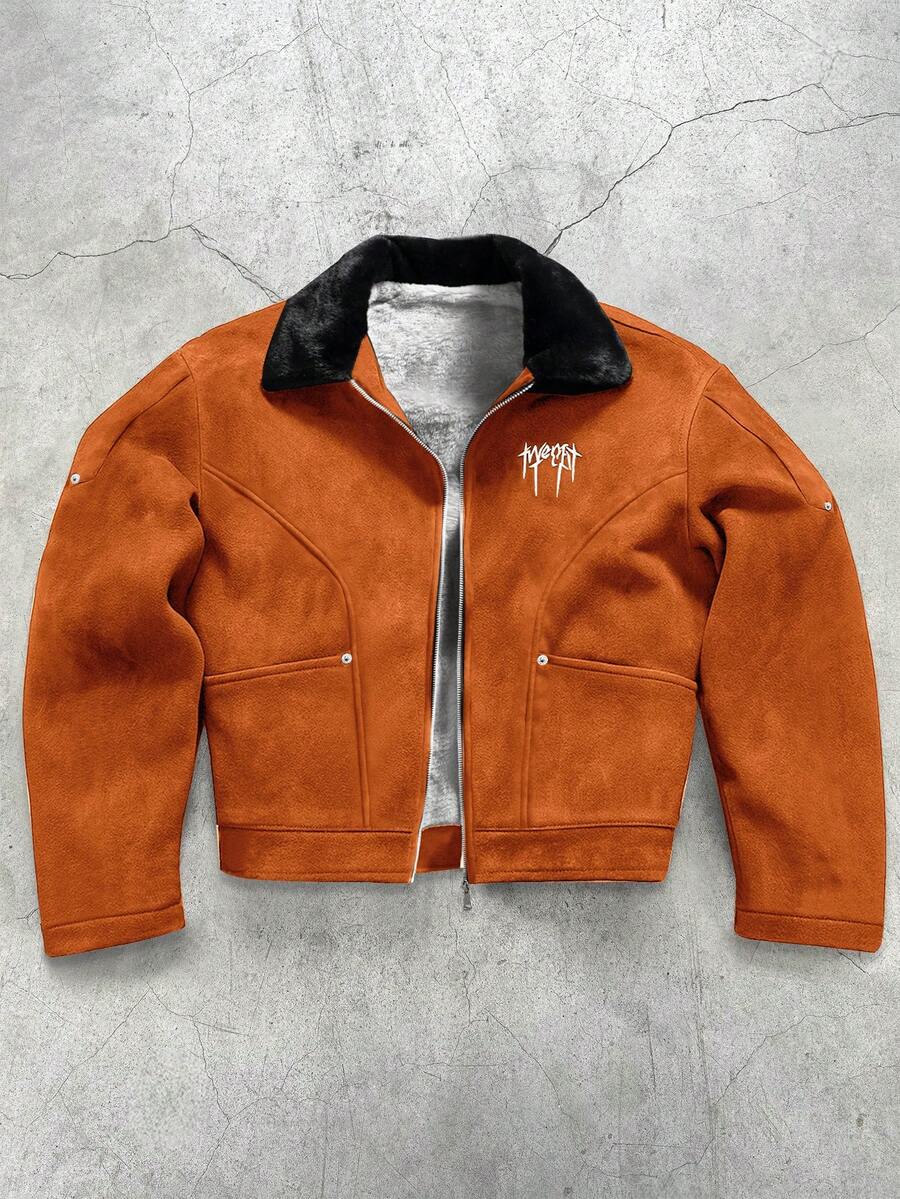 PAVTROS Áo khoác nam cổ bẻ lót giữ nhiệt màu đen, kiểu dáng thường ngày, in logo nhỏ, phong cách đường phố retro, thích hợp cho mùa thu/đông. - màu nâu - Xem 1