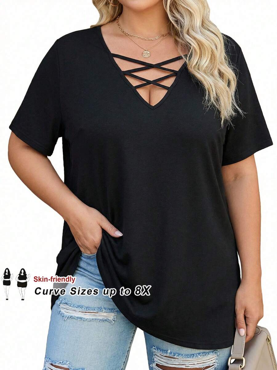 SHEIN CURVE+ Curve 尺码 US22 音乐节、海滨度假、波西米亚风女士纯色休闲宽松度假交叉细节T恤