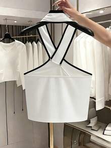 Franclia 优雅百搭黑白拼接高领高弹罗纹针织女式背心 - 黑與白 - 查看 2