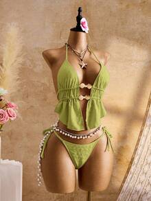 Bellisia 女士夏季沙滩纯色性感吊带系带比基尼泳衣套装 - 芥末黃 - 查看 4