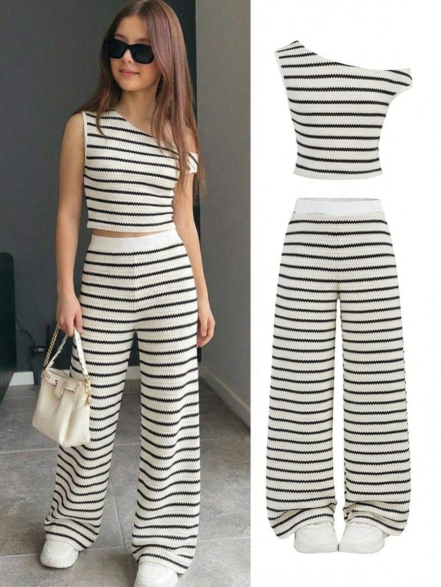 Firerie Kids 少女黑白条纹不对称肩部上衣和宽松长裤两件套，休闲日常百搭，适合外出、旅行、拍照等场合 - 黑與白 - 查看 1