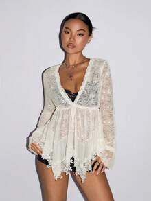SHEIN ICON 女士优雅性感纯色蕾丝拼接不对称下摆上衣 - 米色 - 查看 1