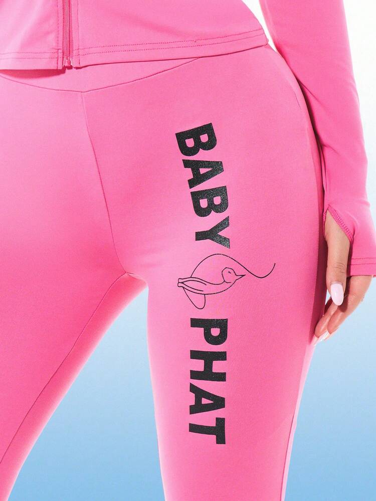 BABYPHAT Flare Jersey Leggings With Black Glitter Text Print Leg Design High Rise Women Casual Streetwear Pink Fashion Statement