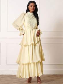 Lilora Women's Contrast Lace Stand Collar Ruffle Hem Elegant Dress - Apricot - View 5