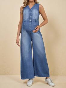 SHEIN Maternity V-Neck Sleeveless Front Button Casual Loose Denim Jumpsuit, Summer Spring To Summer Carnival Costume Commuting Vacation Graduation Chic Y2k Cute Streetwear Party Wedding Elegant Business Casual Woman Women's V Neck Sleeveless Denim Wide Leg Jumpsuit With Button Details - Blue - View 3