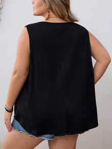 SHEIN CURVE+ 大码女式休闲无袖黑色方领上衣 - 黑色 - 查看 3