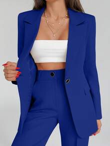 EURMUSE Women Solid Color Two Pieces Outfits Sets Blazer Jacket And Pants - Royal Blue - View 3