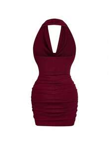 SHEIN Elenzya Wine Red Women's Fitted Textured Pleated Versatile Elegant Design Dress - Burgundy - View 3