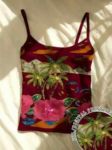 Glimmora 女士度假休闲热带印花修身短款吊带背心 - 白色 - 查看 1