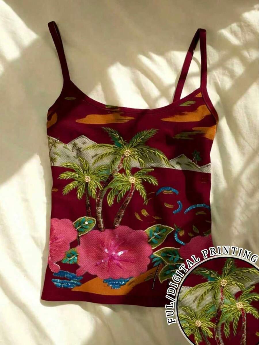 Glimmora 女士度假休闲热带印花修身短款吊带背心 - 白色 - 查看 1