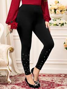 Miaspire 大码女式仿珍珠装饰打底裤，百搭日常穿着 - 黑色 - 查看 1