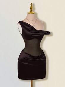 SHEIN ICON Asymmetrical Shoulder Mesh Patchwork Mini Dress - Brown - View 5