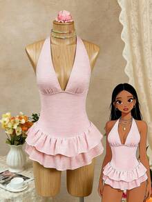 Bellisia White & Pink Textured Fabric Halter Neck Deep V-Neck Backless Double Ruffle Hem Beach Pool Party Cute & Sweet Style Women Swimsuit Skirt - Pink - View 1