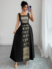 Rafferiza Women's Sleeveless Black Patchwork Gold Foil Long Dress, Spring/Summer - Black Gold - View 6