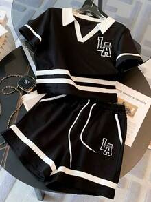 Franclia 修身 Polo 领插肩短袖上衣 + 休闲短裤套装 - 黑色 - 查看 3