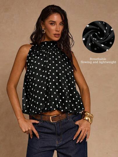 SHEIN Glamour Women's Polka Dot Print Fashion Halter Neck Blouse High Neck Top Sleeveless Top Black Polka Dot Top Polka Dot Blouse Statement Top,Beach Vacation,Summer Polka Dot Top Black Top Halter Neck Top Vacation Women,Beach Vacation For Women High Neck Blouse Sleeveless High Neck Top Polkadot Top Black And White Polka Dot Top