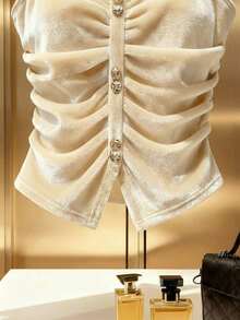 Franclia New Arrival Spring/Summer Fashionable & Sweet Design Velvet Glossy Camisole Pleated Button Women T-Shirt - Apricot - View 4