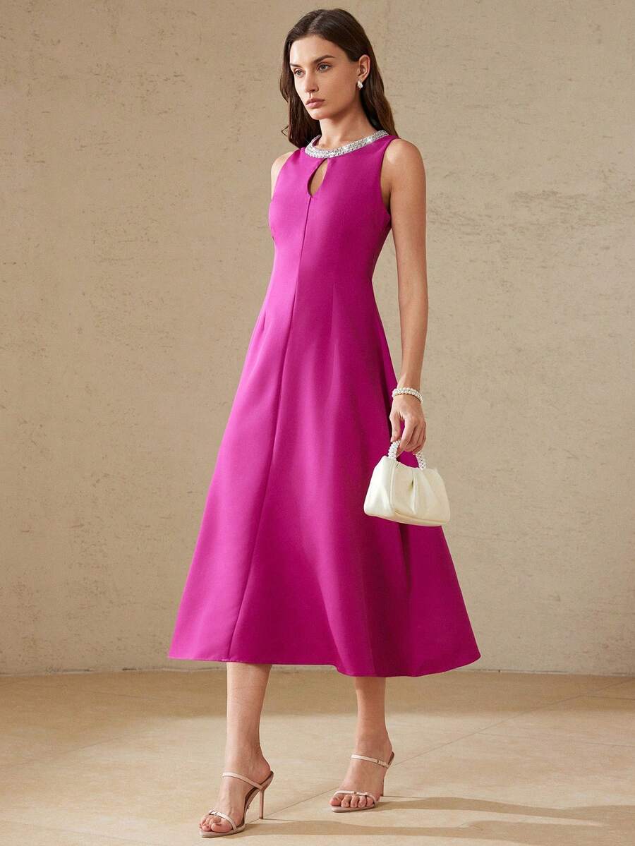 Aveloria Rosie 优雅圆领水钻镂空水滴设计收腰无袖连衣裙，适合约会、宴会、派对等场合。 - 玫紅色 - 查看 1