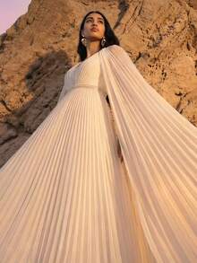 ZEYLAH 女士纯色V领褶裥披肩领优雅收腰派对连衣裙 - 白色 - 查看 9