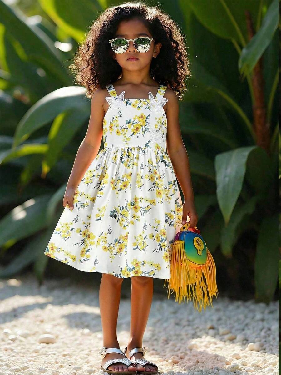 SHEIN Young Girl Ditsy Floral Spaghetti Strap Casual Dress, Spring/Summer - White - View 1