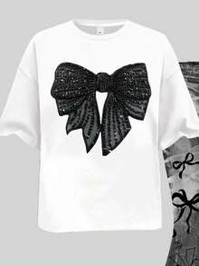 复古甜美蝴蝶结印花图案，少女休闲简约短袖上衣和裤子两件套，适合夏季、返校季、2000年代风格、韩版风格、秋季、返校节、冬季、朋克风、条纹、轻松舒适、时尚童装、嬉皮风、音乐节、美式复古甜美风、校园风、网络热销、都市漫步、街头风、休闲校园运动风、户外野餐、郊游、街头风、居家、校园、休闲穿着。 - 彩色 - 查看 4