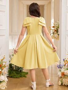 Tween Girl Spring/Summer Elegant Beaded Dress With Large Yellow Bow Decor Tween Girl - Yellow - View 2