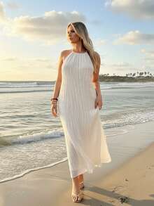 Auralis 新款夏季休闲加大码露背系带纹理雪纺轻盈飘逸褶皱双层直筒连衣裙/日常连衣裙/流行白色连衣裙/情人节连衣裙 - 白色 - 查看 2