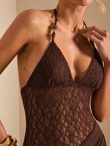 SHEIN BAE 女士深V领串珠系带直筒性感连衣裙，春夏款 - 棕色 - 查看 7