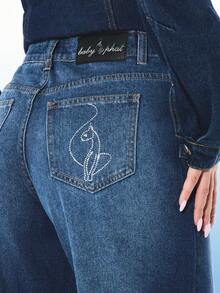 BABYPHAT Women's Straight Fit Rhinestone Embellished High Rise Denim Jeans With Side Script Detail For Casual Everyday Wear - Blue - View 6