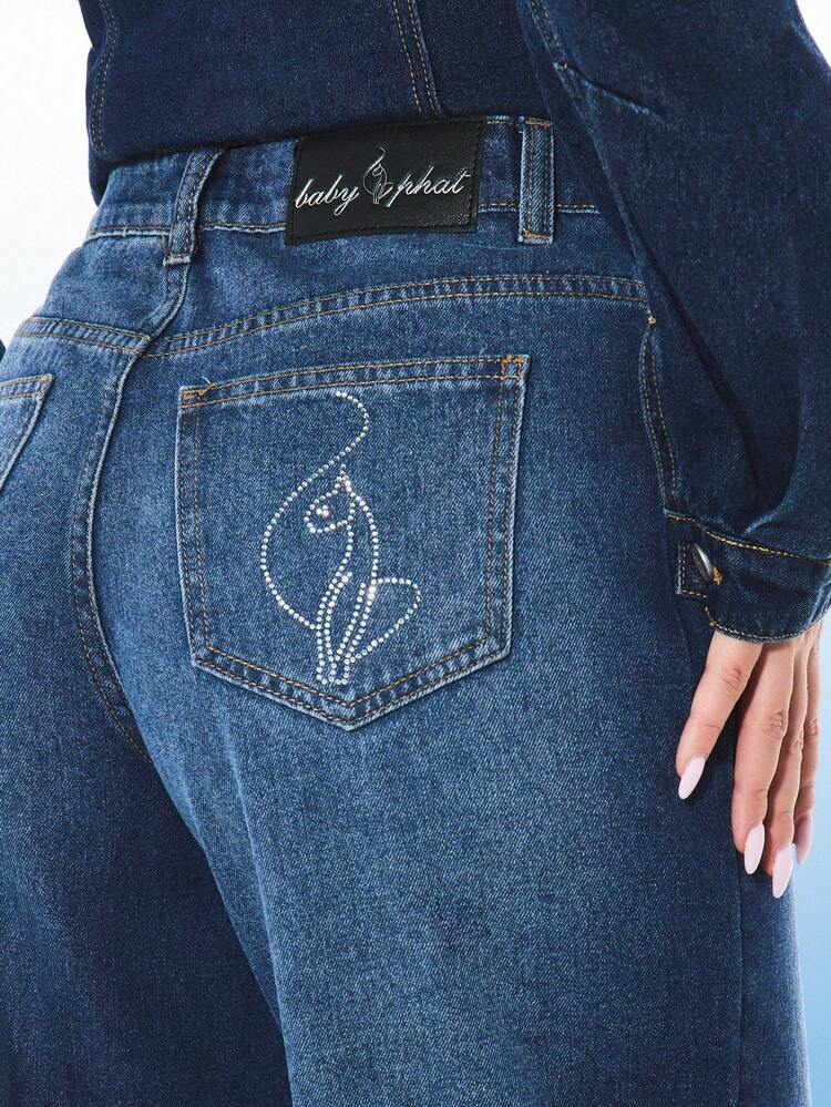 BABYPHAT 여성용 스트레이트 핏 라인스톤 장식 하이라이즈 데님 진, 캐주얼 일상복을 위한 측면 스크립트 디테일