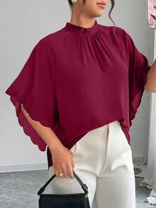 Elenzga Plus Size Women's Round Neck Ruched Sleeve Wavy Hem Loose Blouse, Spring/Summer - Burgundy - View 4
