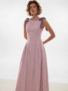 Poéselle Women's Striped Sleeveless Casual Midi Dress With Knot Detail - Dusty Pink - View 7