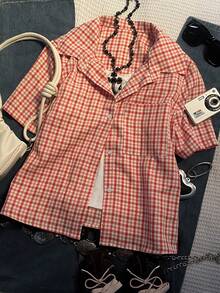 SHEIN 女士休闲复古格子短袖衬衫，Polo领设计，休闲舒适，适合日常穿着、返校季，也可作为礼物送给朋友或搭配服装。 - 彩色 - 查看 4