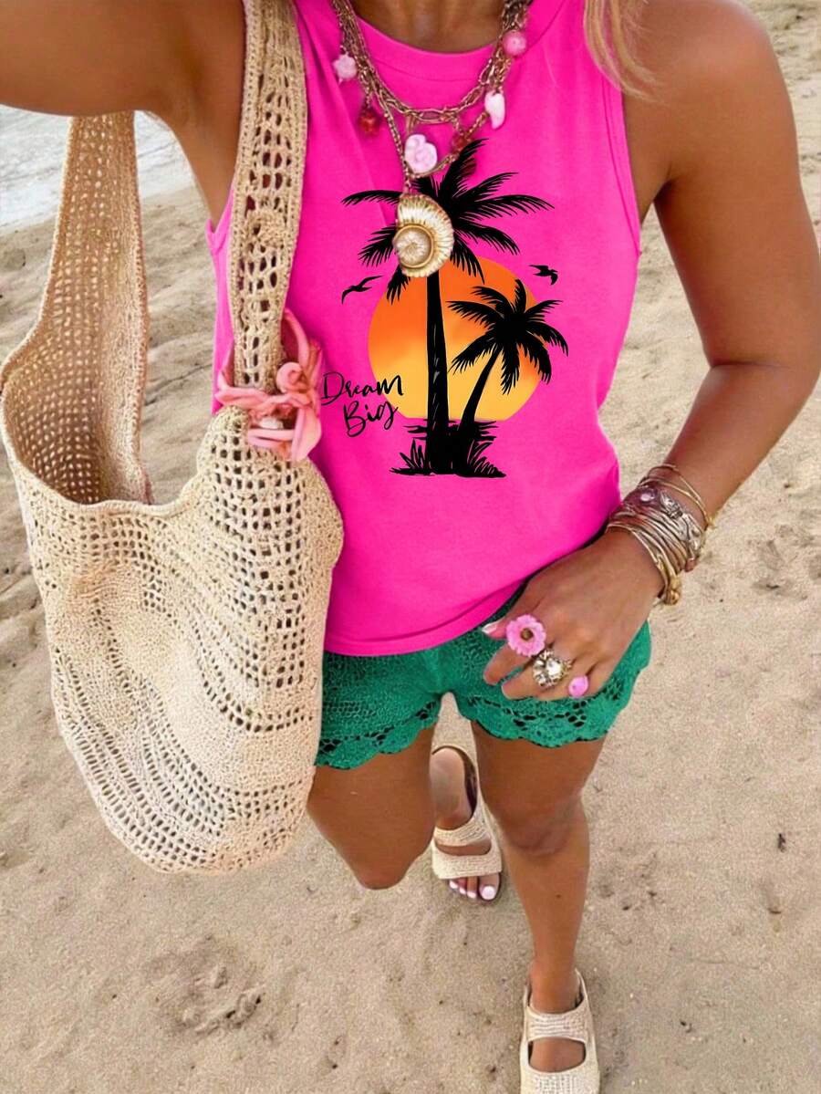 DrmWander Vacation Spring Resort Wear Spring Summer Palm Tree & Slogan Graphic Tank Top - Hot Pink - View 1