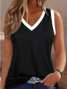 EMERY ROSE Plus Size Women Summer Casual Daily Commute Minimalist V-Neck Contrast Binding Tank Top - Multicolor - View 5