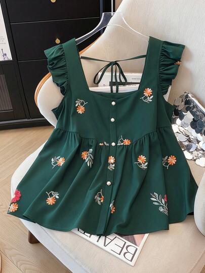 GlowEve CURVE 大码女式碎花休闲开襟衬衫，小巧飘逸的袖子，适合春夏穿着