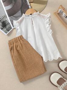 Tween Girls Ruffle Collar Hollow Out Embroidery Blouse And Pants Casual 2 Pieces Set - Khaki - View 3