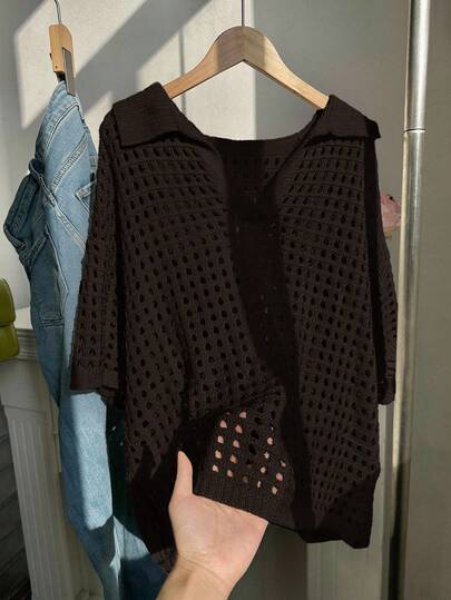 Comfortcana 大码女式休闲纯色镂空翻领短袖毛衣上衣，黄色夏季上衣，适合秋冬季穿着