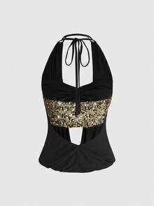 ROMWE Áo croptop nữ phong cách Y2K gợi cảm hở lưng, cổ xếp ly, đính sequin (bao gồm áo hai dây đính sequin) - màu đen - Xem 2