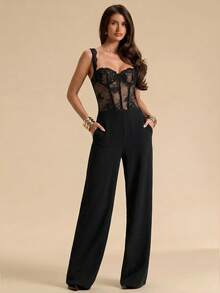 SHEIN BAE Conjunto de top corto y pantalones con tirantes de espagueti y cruce de encaje sexy, Mono de encaje transparente con estilo envolvente, Mono de camisola de encaje negro con parches transparentes - Negro - Ver 4
